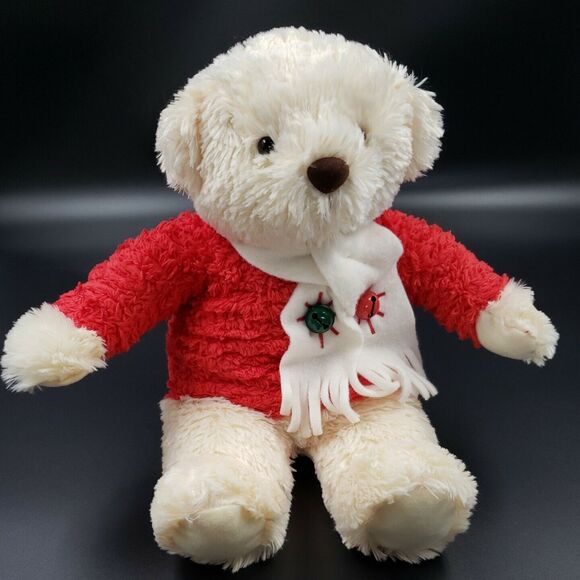 Musical Hallmark Christmas Plush Decor Teddy Bear Plays Jingle Bells Red Cream - Picture 16 of 16